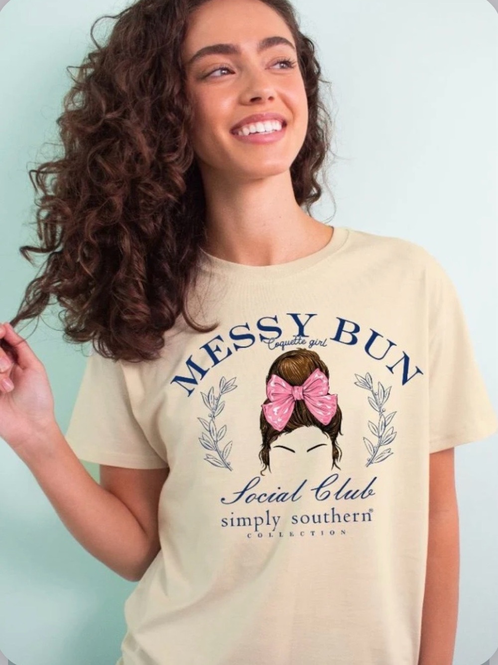 Simply Southern Messy Bun Social Club Tee - Cream with Pink Bow 100% Cotton M